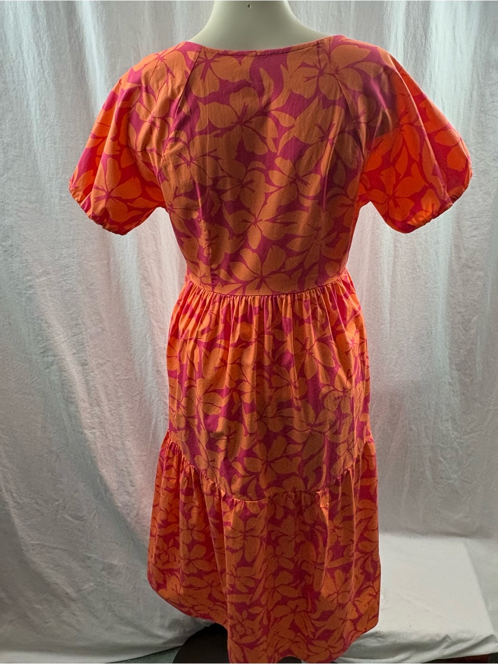 J. Crew Boho Floral Tiered Midi Dress Orange Pink Puff Sleeve 6 - Picture 4 of 10